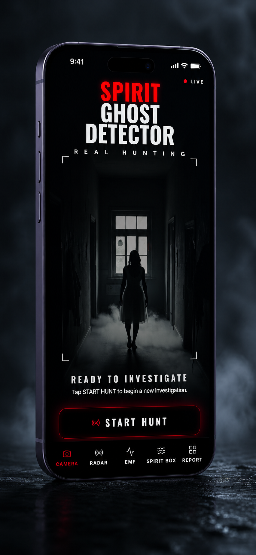 Spirit Ghost Detector home screen with live camera viewfinder and Start Hunt button