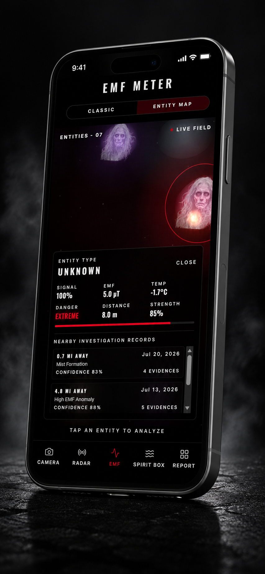 EMF meter entity map screen with entity analysis panel and nearby investigation records