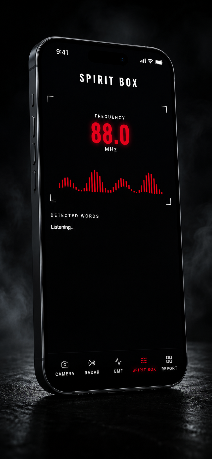 Spirit Box screen tuned to 88.0 MHz with red waveform and detected words list